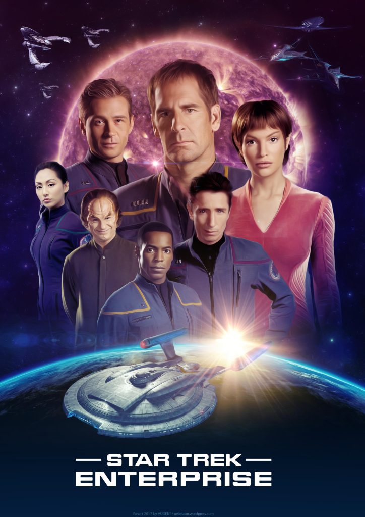 Poster for "star trek: enterprise" - captain archer (scott bakula), t'Pol, and the crew of the NX01