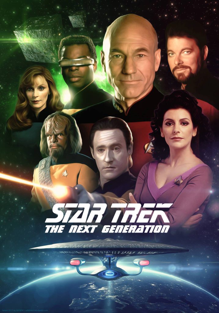 Poster for "star trek: the next generation" - with captain picard (sir patrick stewart), data, worf, geordi, riker, troi, and dr. Crusher