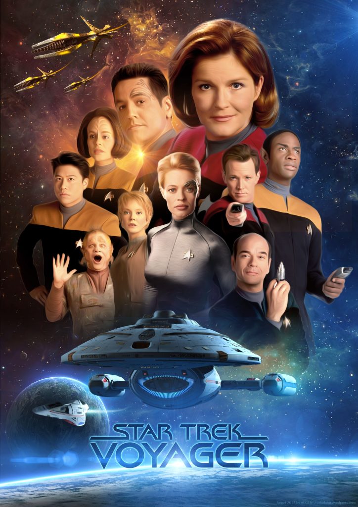 Poster for "star trek: voyager" - captain janeway, seven of nine, and the crew