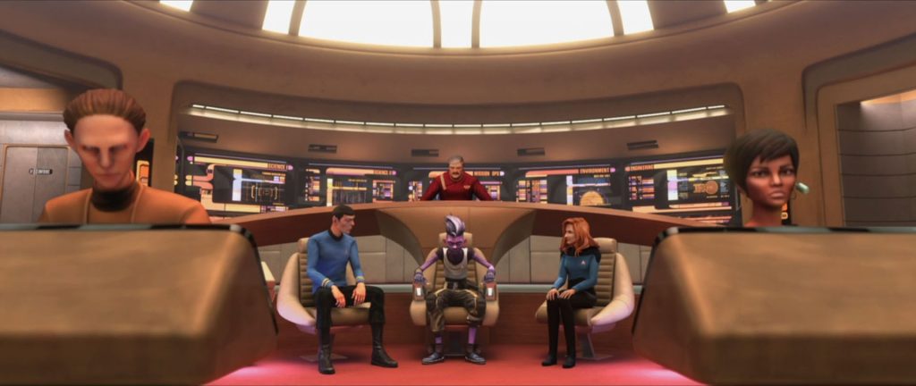 Holodeck scene from "star trek: prodigy" (kobayashi) - dal on the bridge of the enterprise-d with spock, scotty, dr. Crusher, uhura, and odo