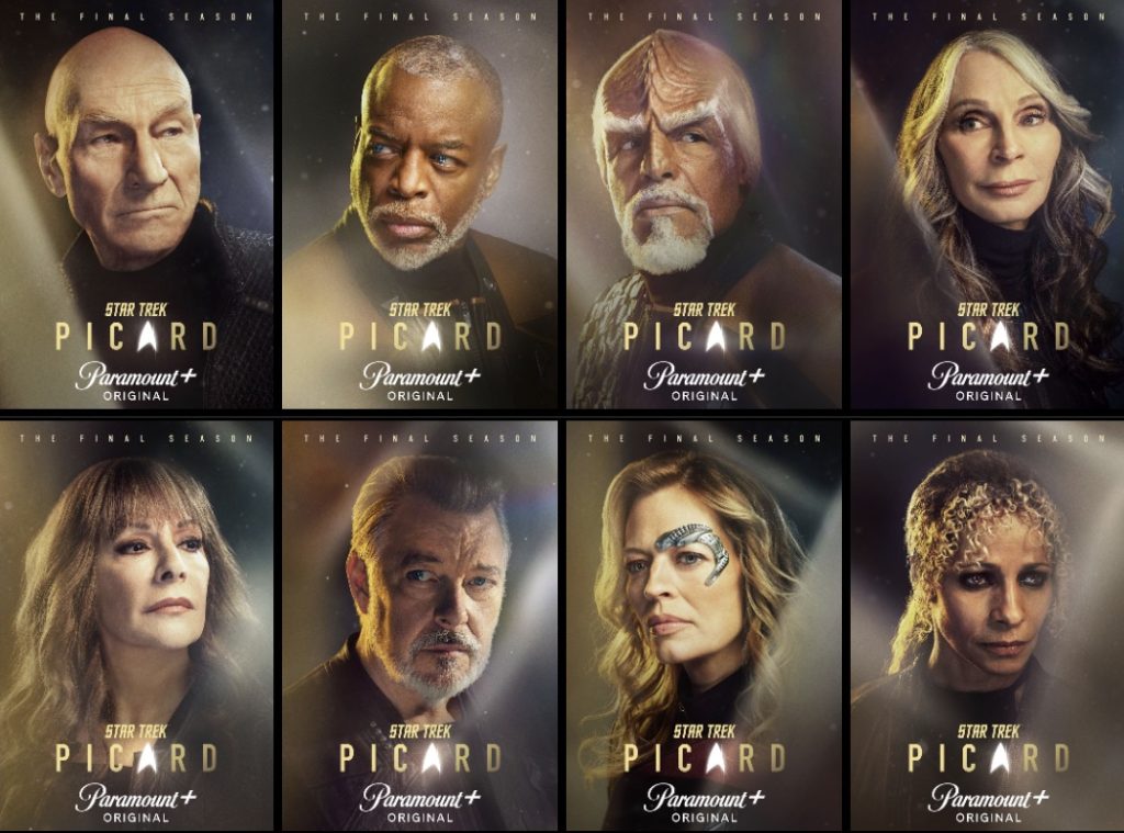 "picard" - season 3 character posters - picard, geordi, worf, dr. Crusher, troi, riker, seven of nine, and raffi