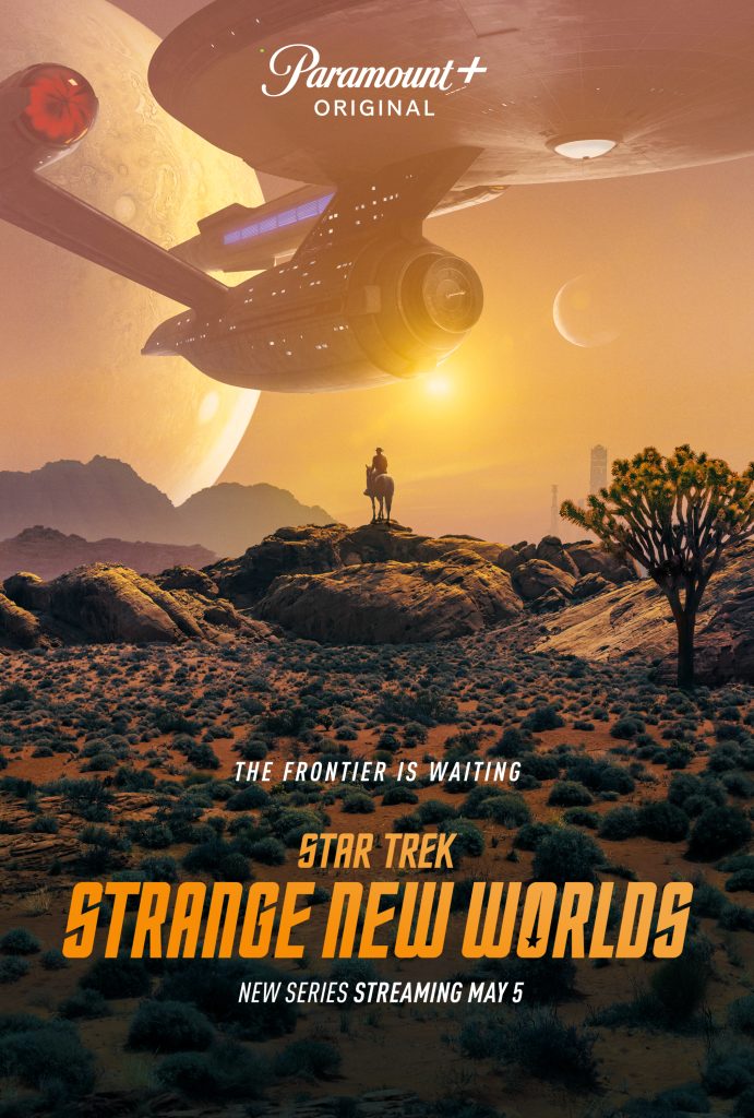Poster for "star trek: strange new worlds"! - captain pike (anson mount) on a horse, looking at the uss enterprise - tagline: "the frontier is waiting"